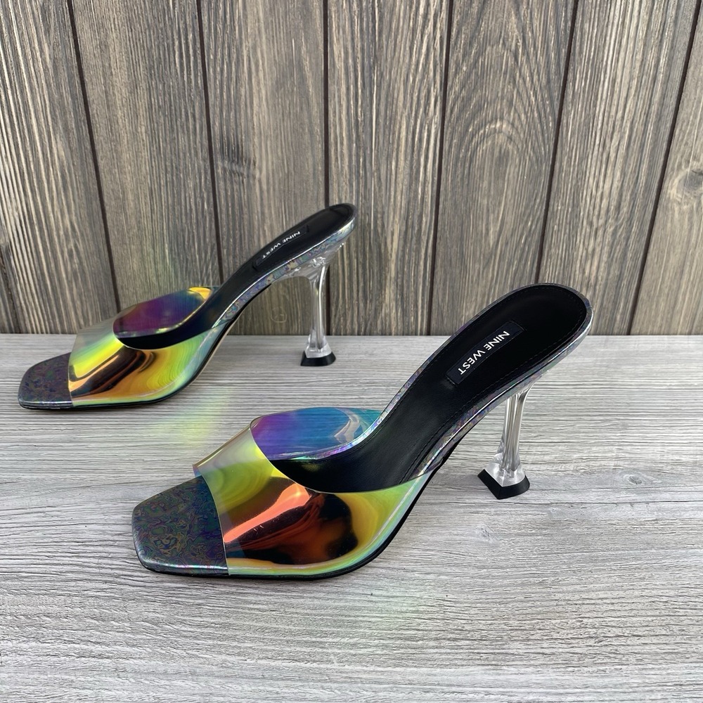 Nine West Holographic Clear Heel Mule Sandals Square Toe Rainbow Women's Size:10 - Picture 3 of 16